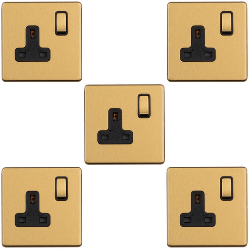 5 PACK 1 Gang DP 13A Switched UK Plug Socket SCREWLESS SATIN BRASS Wall Power