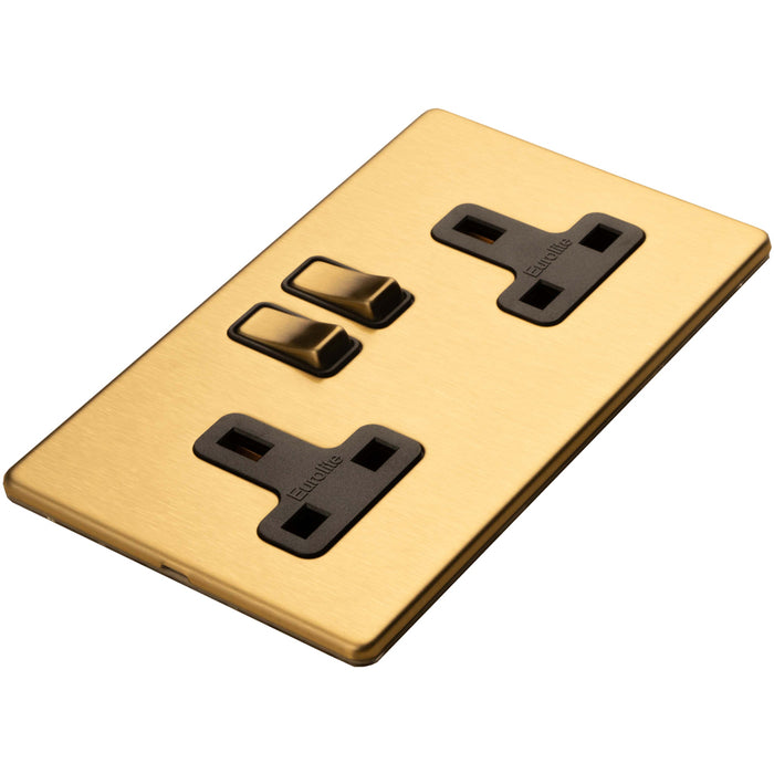 5 PACK 2 Gang Double DP 13A Switched UK Plug Socket SCREWLESS SATIN BRASS Power