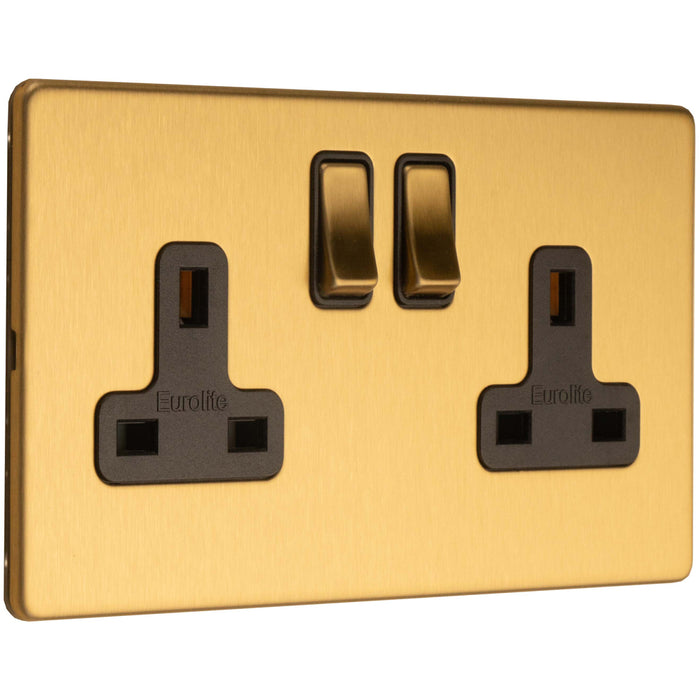 10 PACK 2 Gang Double DP 13A Switched UK Plug Socket SCREWLESS SATIN BRASS Power