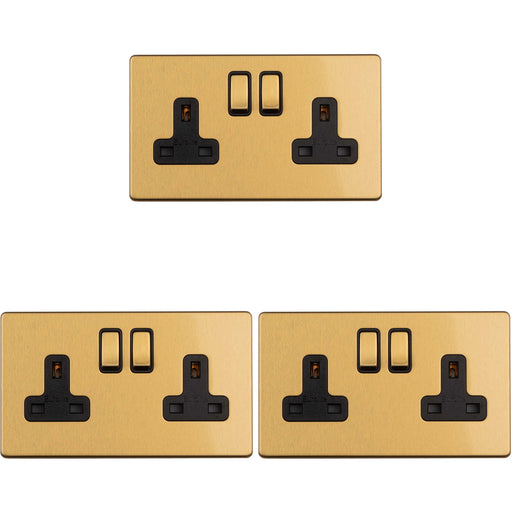 3 PACK 2 Gang Double DP 13A Switched UK Plug Socket SCREWLESS SATIN BRASS Power