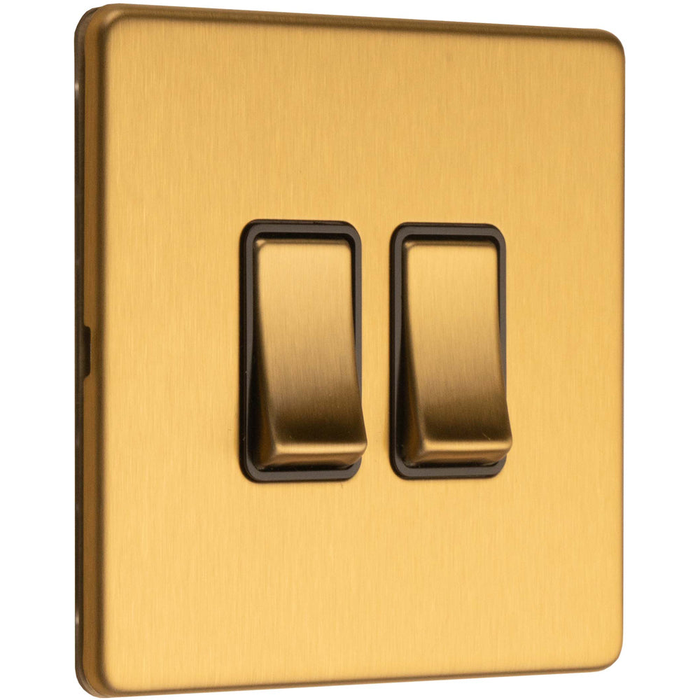 2 Gang Double Light Switch SCREWLESS SATIN BRASS 2 Way 10A Metal Rocke ...