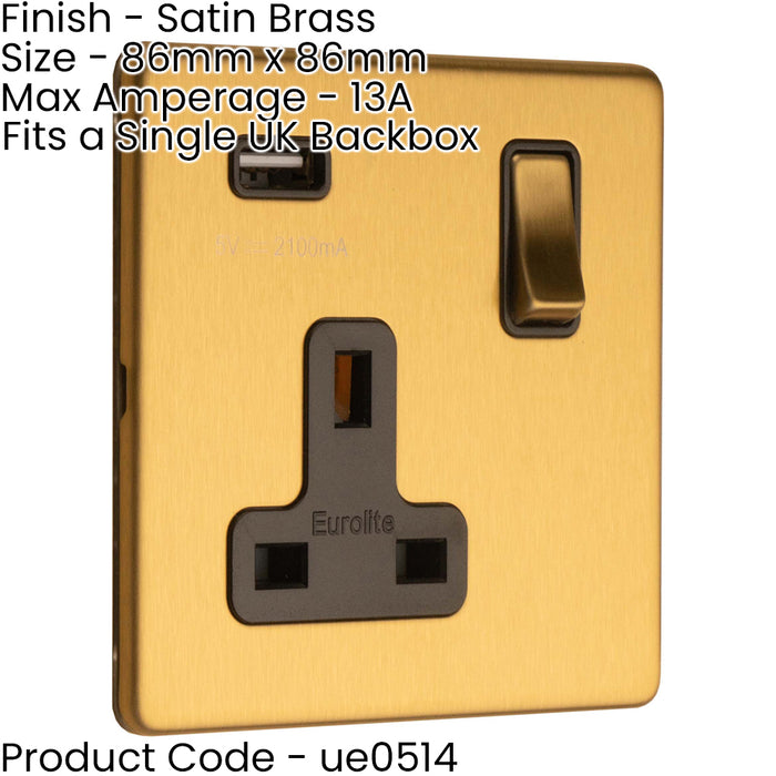 5 PACK 1 Gang Single 13A UK Plug Socket & 2.1A USB-A SCREWLESS SATIN BRASS