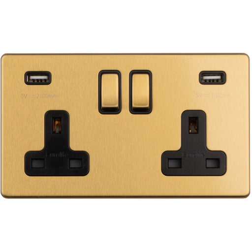 2 Gang Double 13A UK Plug Socket & 2.1A USB-A Charger SCREWLESS SATIN BRASS