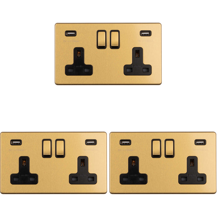 3 PACK 2 Gang Double 13A UK Plug Socket & 2.1A USB-A SCREWLESS SATIN BRASS