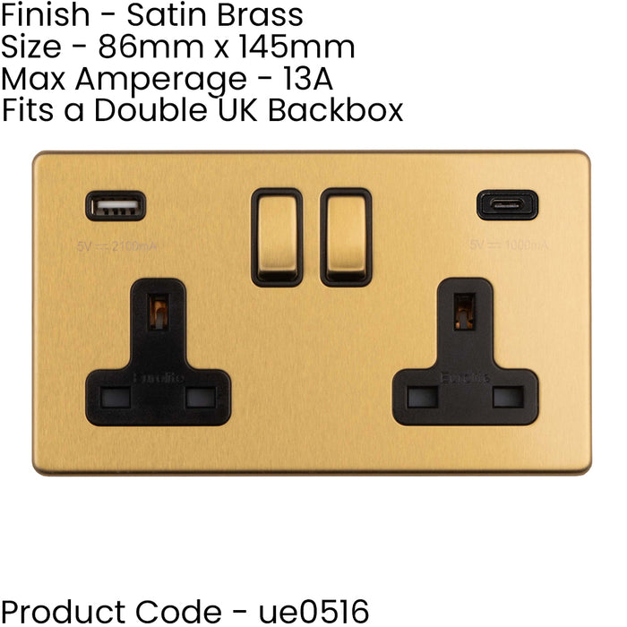 3 PACK 2 Gang Double 13A UK Plug Socket & 2x 3.1A USB-C SCREWLESS SATIN BRASS