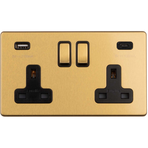 2 Gang Double 13A UK Plug Socket & 2x 3.1A USB-C & USB-A SCREWLESS SATIN BRASS