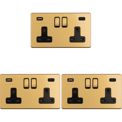 3 PACK 2 Gang Double 13A UK Plug Socket & 2x 3.1A USB-C SCREWLESS SATIN BRASS