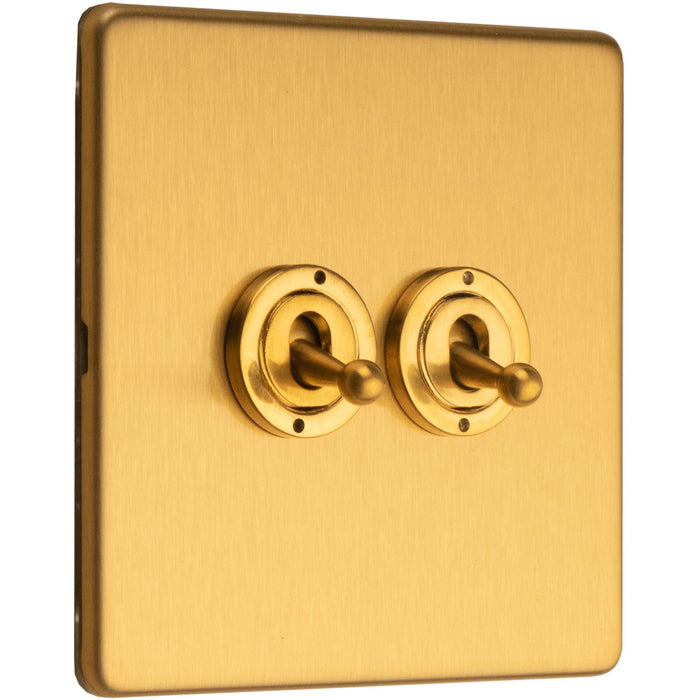 2 Gang Double Retro Toggle Light Switch SCREWLESS SATIN BRASS 10A 2 Way Lever