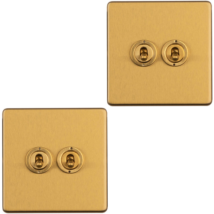 2 PACK 2 Gang Double Retro Toggle Light Switch SCREWLESS SATIN BRASS 10A 2 Way