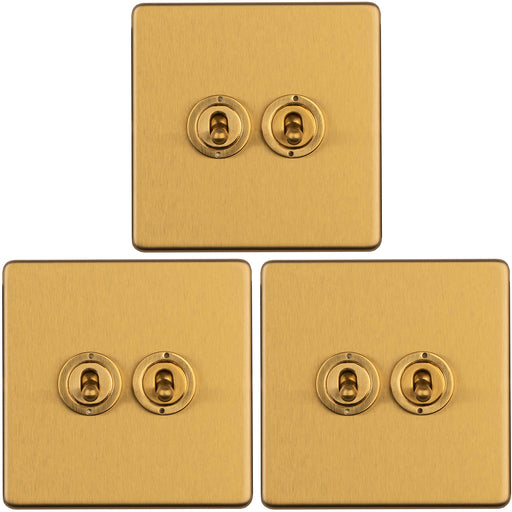 3 PACK 2 Gang Double Retro Toggle Light Switch SCREWLESS SATIN BRASS 10A 2 Way