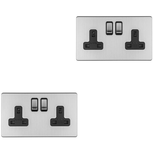 2 PACK 2 Gang DP 13A Switched UK Plug Socket SCREWLESS SATIN STEEL Wall Power