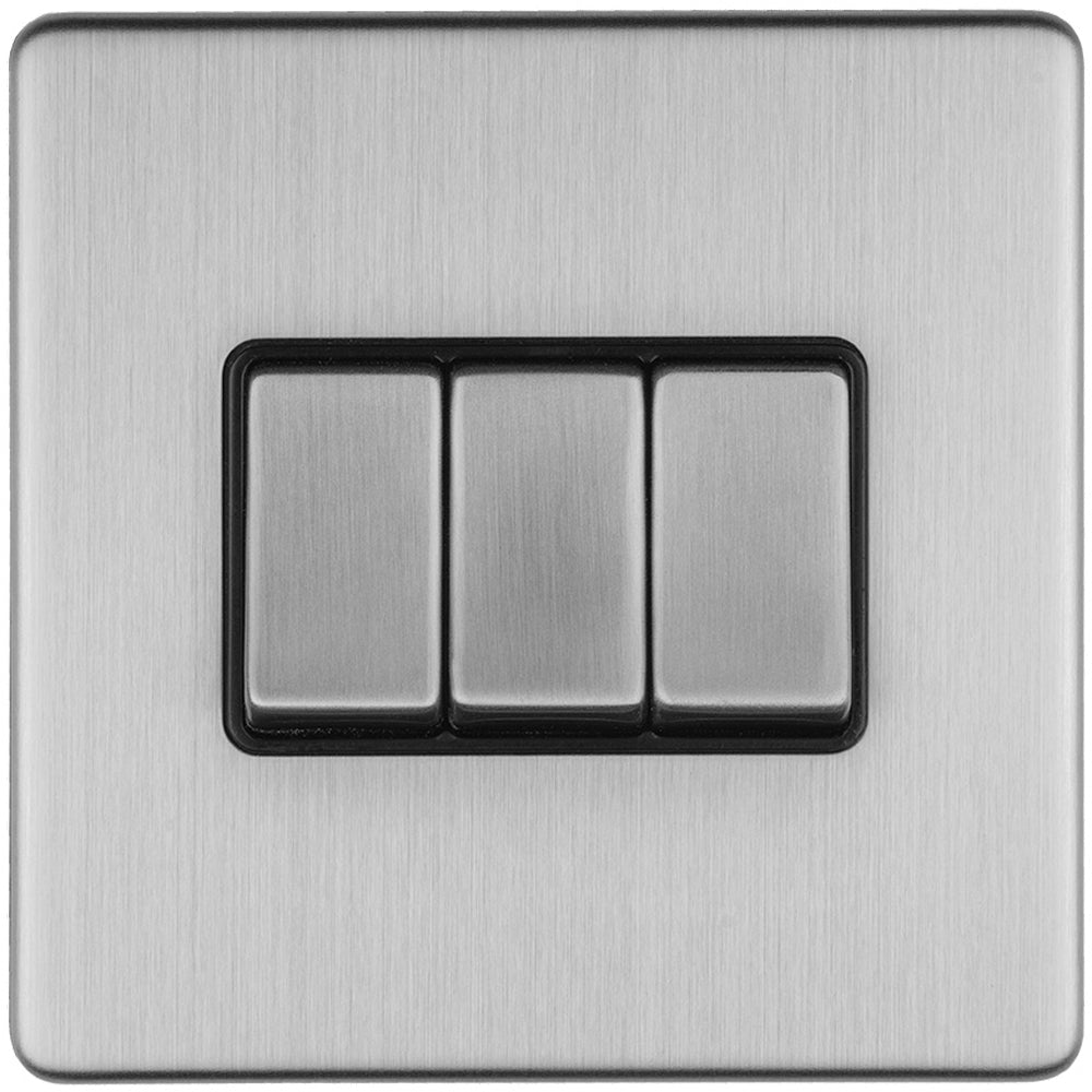 3 Gang Triple Light Switch SCREWLESS SATIN STEEL 2 Way 10A Metal Rocke ...