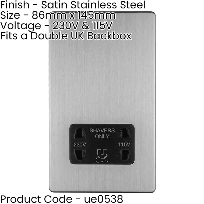 230V & 115V Twin Shaver Socket Wall Plate SCREWLESS SATIN STEEL Bathroom