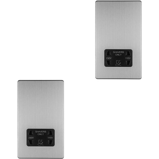 2 PACK 230V 115V Twin Shaver Socket Wall Plate SCREWLESS SATIN STEEL Bathroom