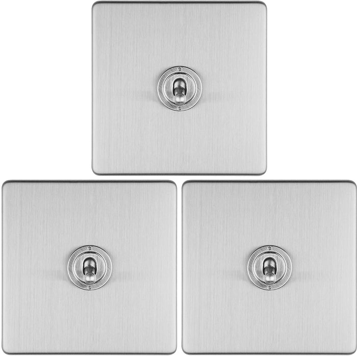 3 PACK 1 Gang Single Retro Toggle Light Switch SCREWLESS SATIN STEEL 10A 2 Way