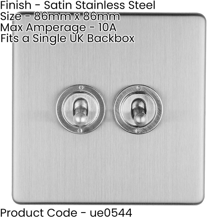 2 Gang Double Retro Toggle Light Switch SCREWLESS SATIN STEEL 10A 2 Way Lever