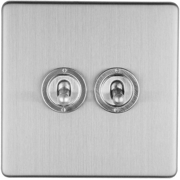 2 Gang Double Retro Toggle Light Switch SCREWLESS SATIN STEEL 10A 2 Way Lever