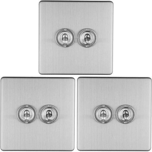 3 PACK 2 Gang Double Retro Toggle Light Switch SCREWLESS SATIN STEEL 10A 2 Way