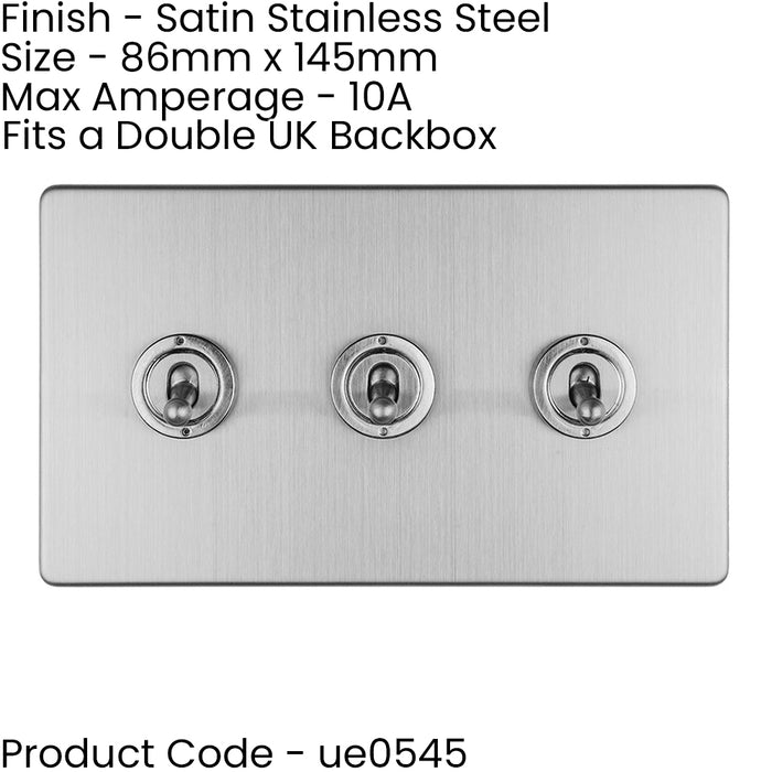 3 Gang Triple Retro Toggle Light Switch SCREWLESS SATIN STEEL 10A 2 Way Lever