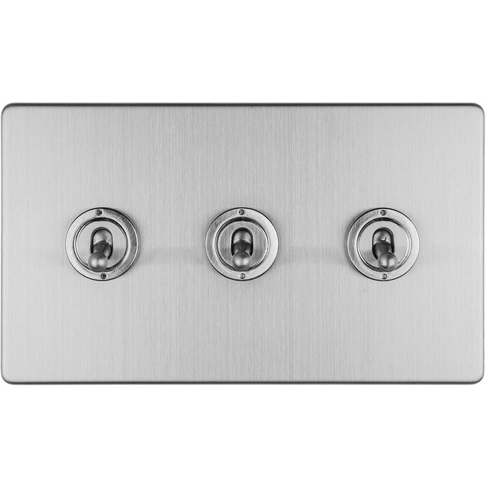 3 Gang Triple Retro Toggle Light Switch SCREWLESS SATIN STEEL 10A 2 Way Lever