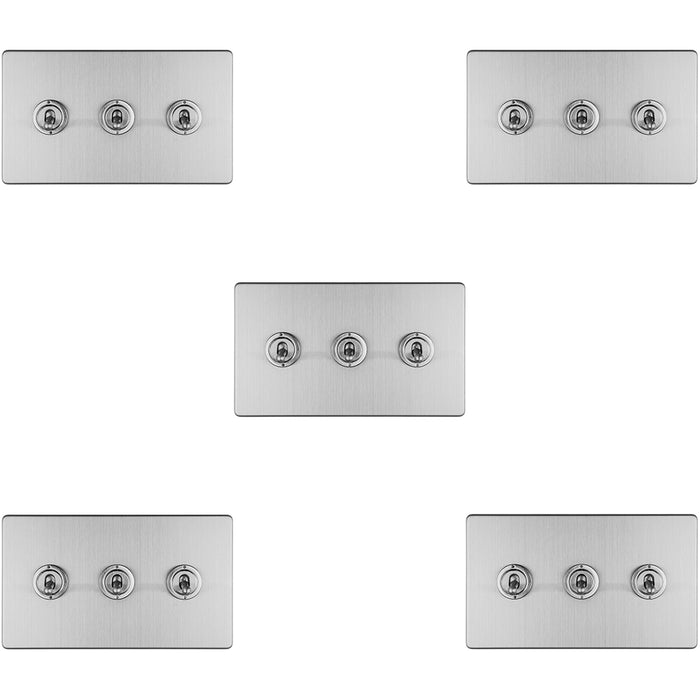 5 PACK 3 Gang Triple Retro Toggle Light Switch SCREWLESS SATIN STEEL 10A 2 Way