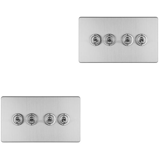 2 PACK 4 Gang Quad Retro Toggle Light Switch SCREWLESS SATIN STEEL 10A 2 Way