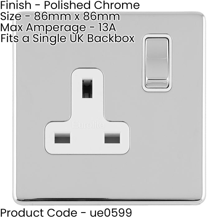 1 Gang DP 13A Switched UK Plug Socket SCREWLESS POLISHED CHROME Power Outlet
