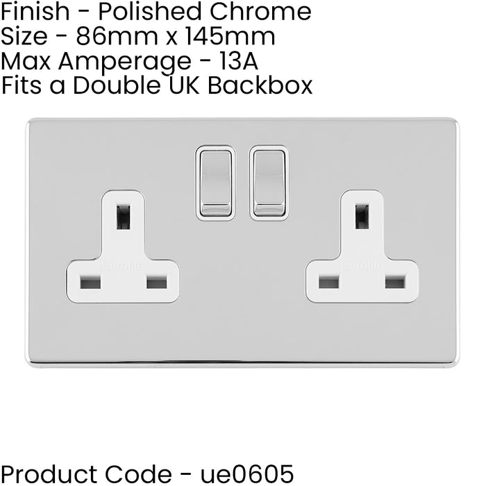 10 PACK 2 Gang DP 13A Switched UK Double Socket SCREWLESS POLISHED CHROME Power