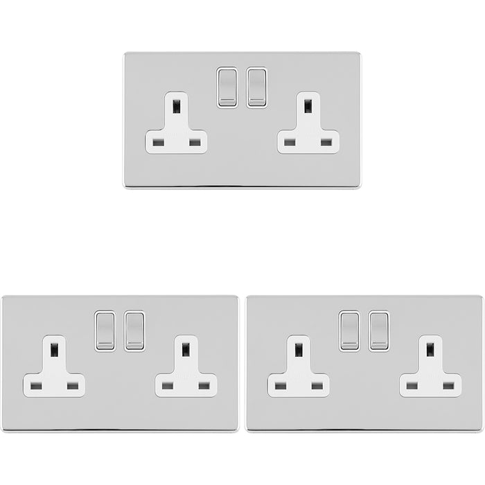 3 PACK 2 Gang DP 13A Switched UK Double Socket SCREWLESS POLISHED CHROME Power
