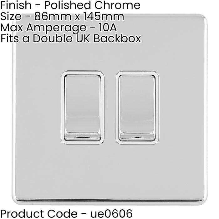 3 PACK 2 Gang Double Light Switch SCREWLESS POLISHED CHROME 2 Way 10A Rocker 