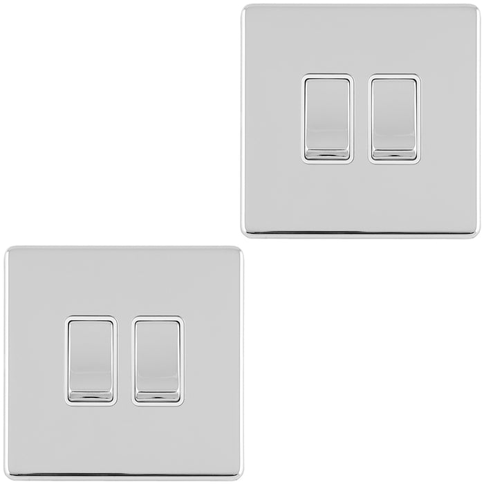 2 PACK 2 Gang Double Light Switch SCREWLESS POLISHED CHROME 2 Way 10A Rocker 
