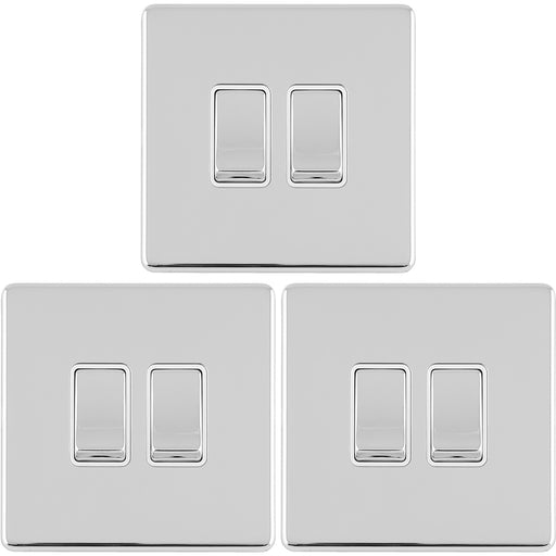 3 PACK 2 Gang Double Light Switch SCREWLESS POLISHED CHROME 2 Way 10A Rocker 