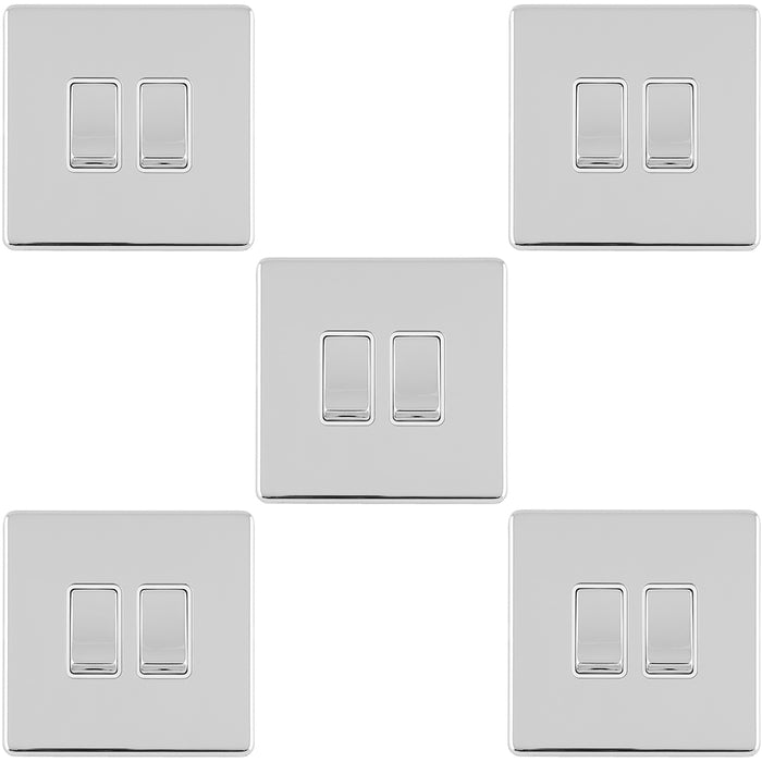 5 PACK 2 Gang Double Light Switch SCREWLESS POLISHED CHROME 2 Way 10A Rocker 