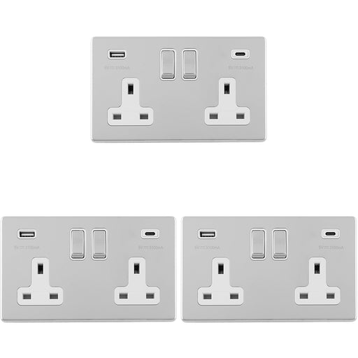 3 PACK 2 Gang Double 13A UK Plug Socket & 2x 3.1A USB-C SCREWLESS CHROME Charger