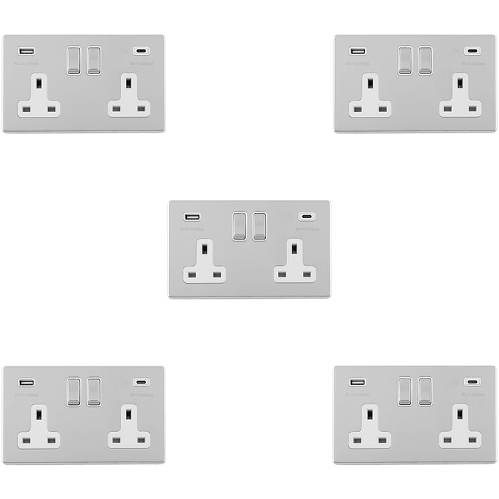 5 PACK 2 Gang Double 13A UK Plug Socket & 2x 3.1A USB-C SCREWLESS CHROME Charger