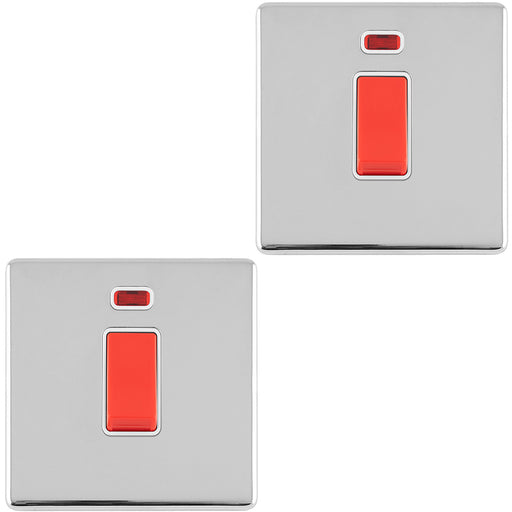 2 PACK 1 Gang Single 45A DP Cooker Switch Neon SCREWLESS POLISHED CHROME Rocker
