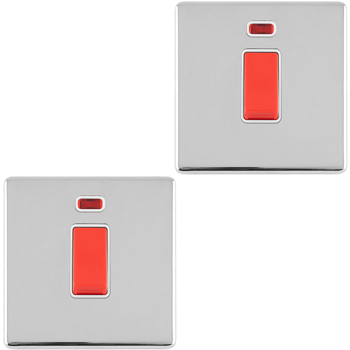 2 PACK 1 Gang Single 45A DP Cooker Switch Neon SCREWLESS POLISHED CHROME Rocker