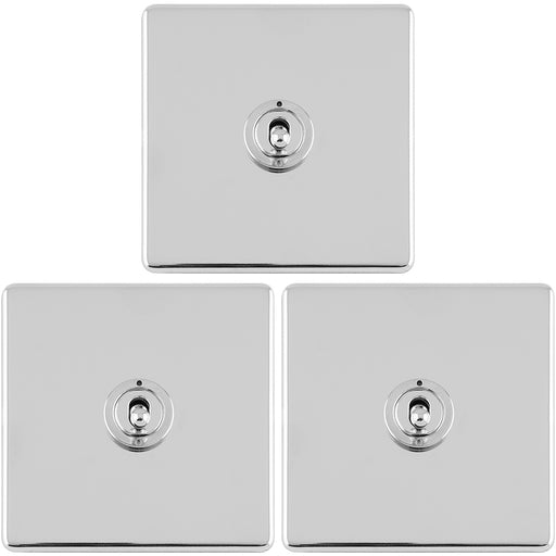 3 PACK 1 Gang Single Retro Toggle Light Switch SCREWLESS CHROME 10A 2 Way Plate