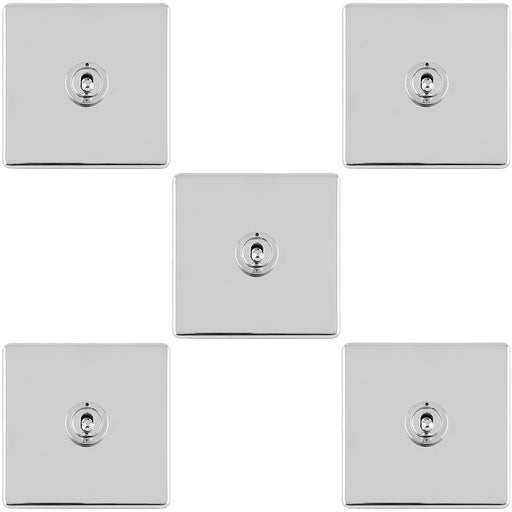 5 PACK 1 Gang Single Retro Toggle Light Switch SCREWLESS CHROME 10A 2 Way Plate