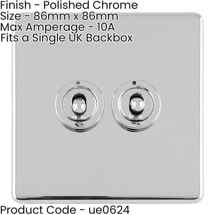 2 Gang Double Retro Toggle Light Switch SCREWLESS POLISHED CHROME 10A 2Way Lever