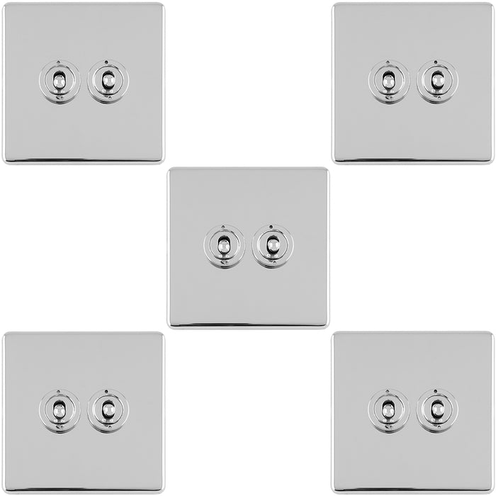 5 PACK 2 Gang Double Retro Toggle Light Switch SCREWLESS CHROME 10A 2 Way Plate