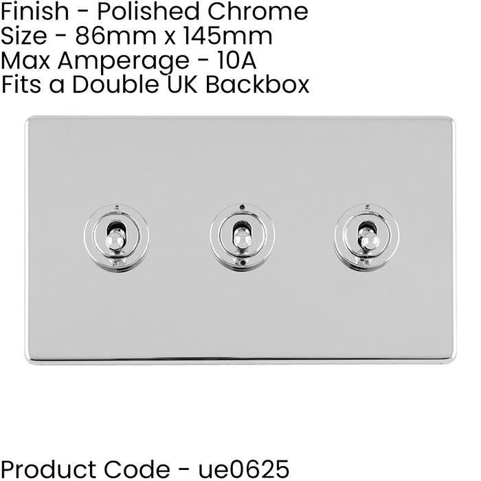 3 PACK 3 Gang Triple Retro Toggle Light Switch SCREWLESS CHROME 10A 2 Way Plate