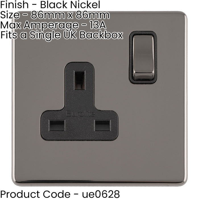 10 PACK 1 Gang DP 13A Switched UK Plug Socket SCREWLESS BLACK NICKEL Wall Power