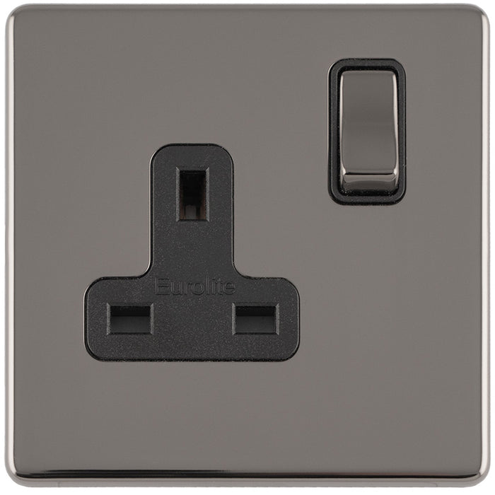 1 Gang DP 13A Switched UK Plug Socket SCREWLESS BLACK NICKEL Wall Power Outlet