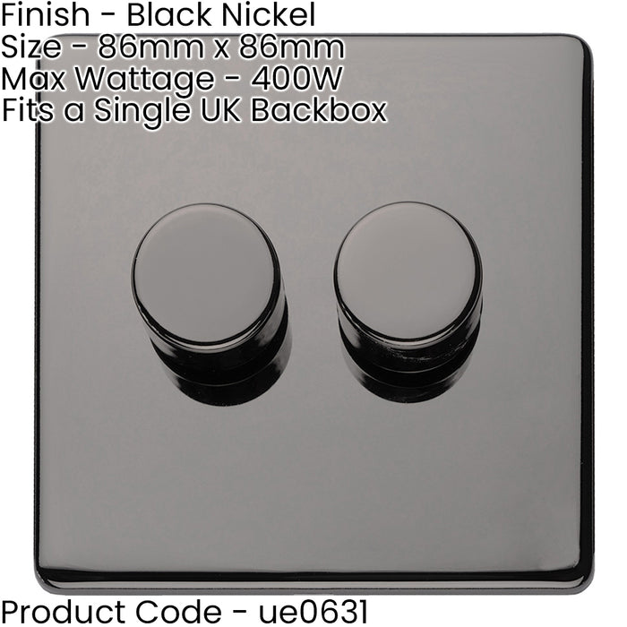 2 PACK 2 Gang Dimmer Switch 2 Way LED SCREWLESS BLACK NICKEL Light Dimming Wall