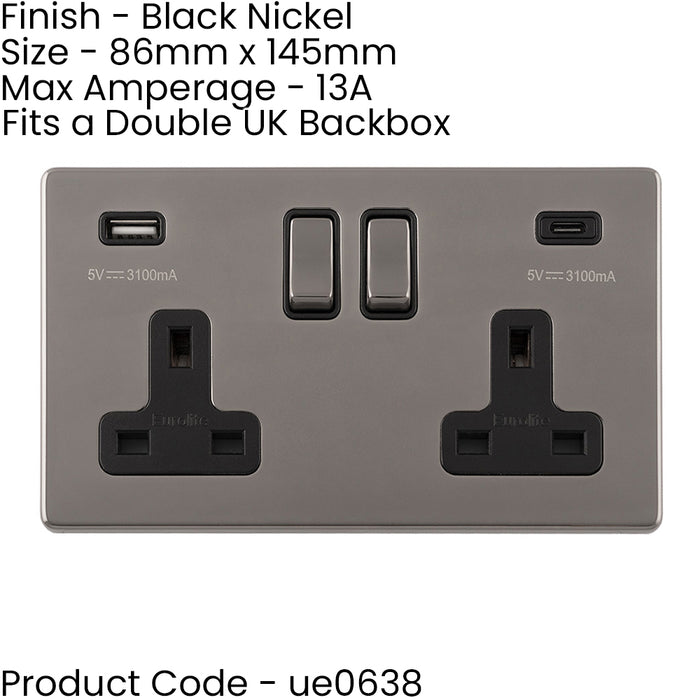 2 Gang Double 13A UK Plug Socket & 2x 3.1A USB-C & USB-A SCREWLESS BLACK NICKEL