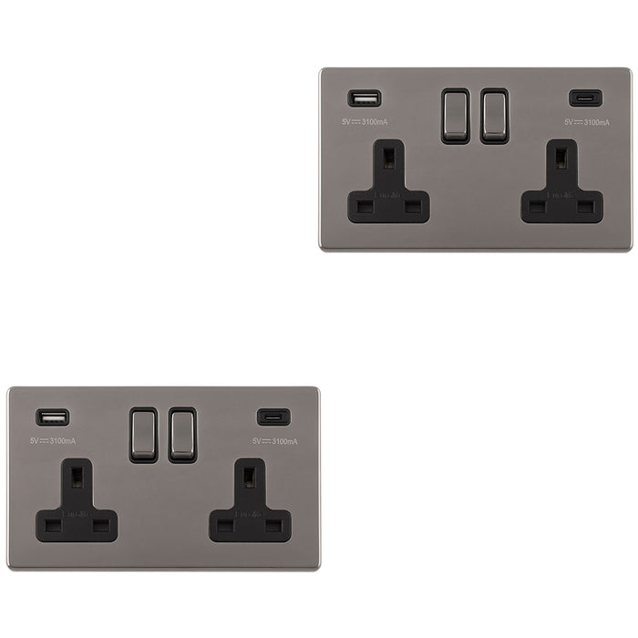 2 PACK 2 Gang Double 13A UK Plug Socket & 2x 3.1A USB-C SCREWLESS BLACK NICKEL