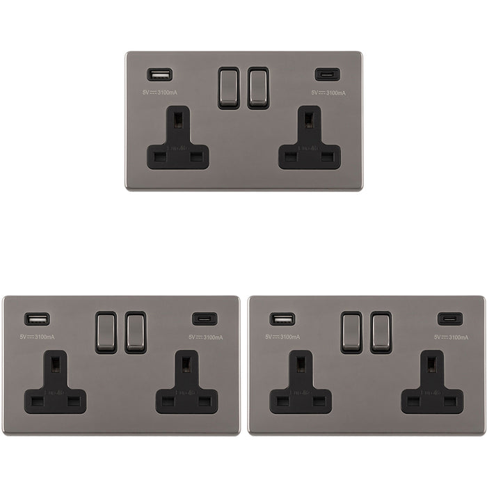 3 PACK 2 Gang Double 13A UK Plug Socket & 2x 3.1A USB-C SCREWLESS BLACK NICKEL
