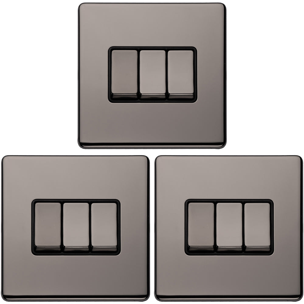 3 PACK 3 Gang Triple Light Switch SCREWLESS BLACK NICKEL 2 Way 10A Sli ...