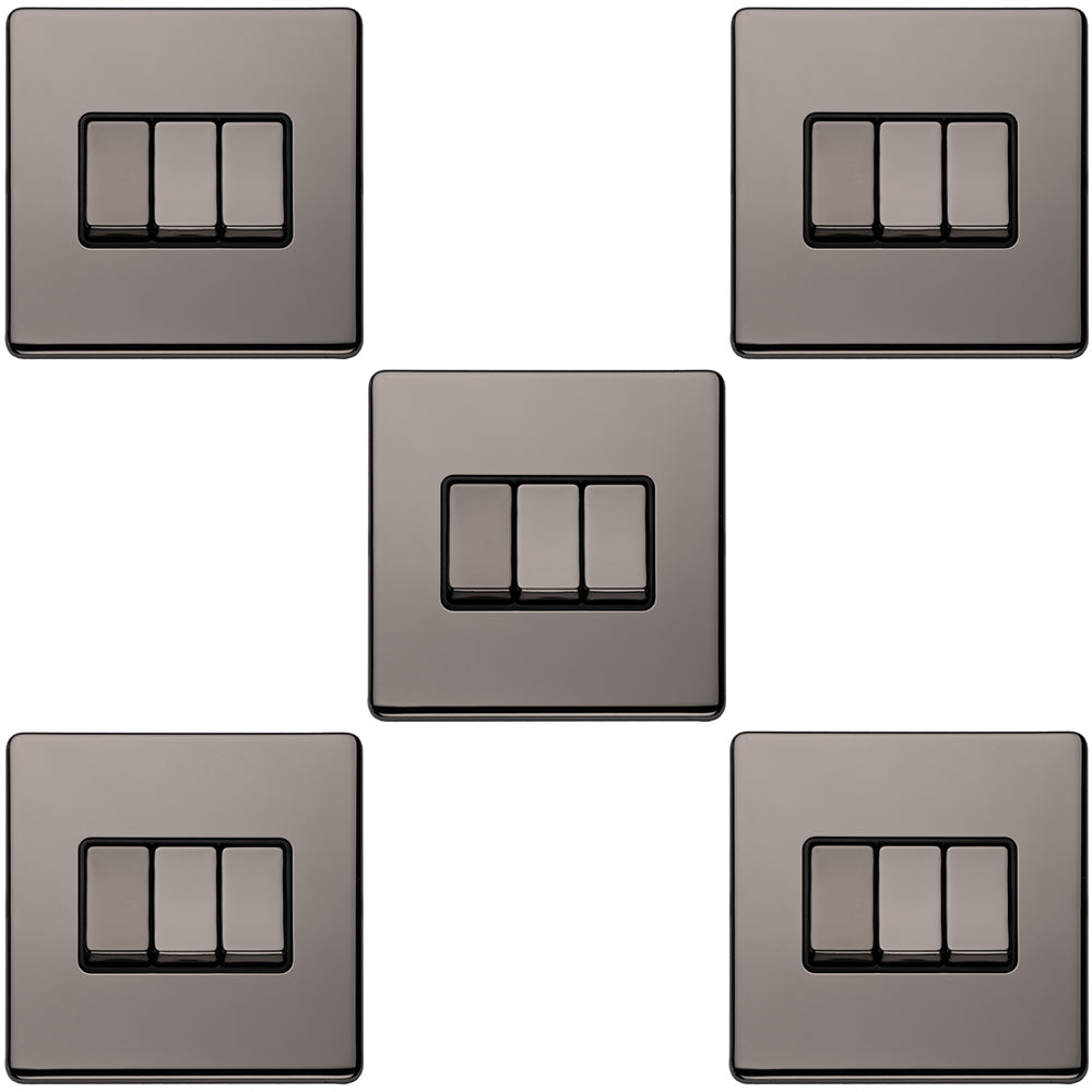 5 PACK 3 Gang Triple Light Switch SCREWLESS BLACK NICKEL 2 Way 10A Sli ...